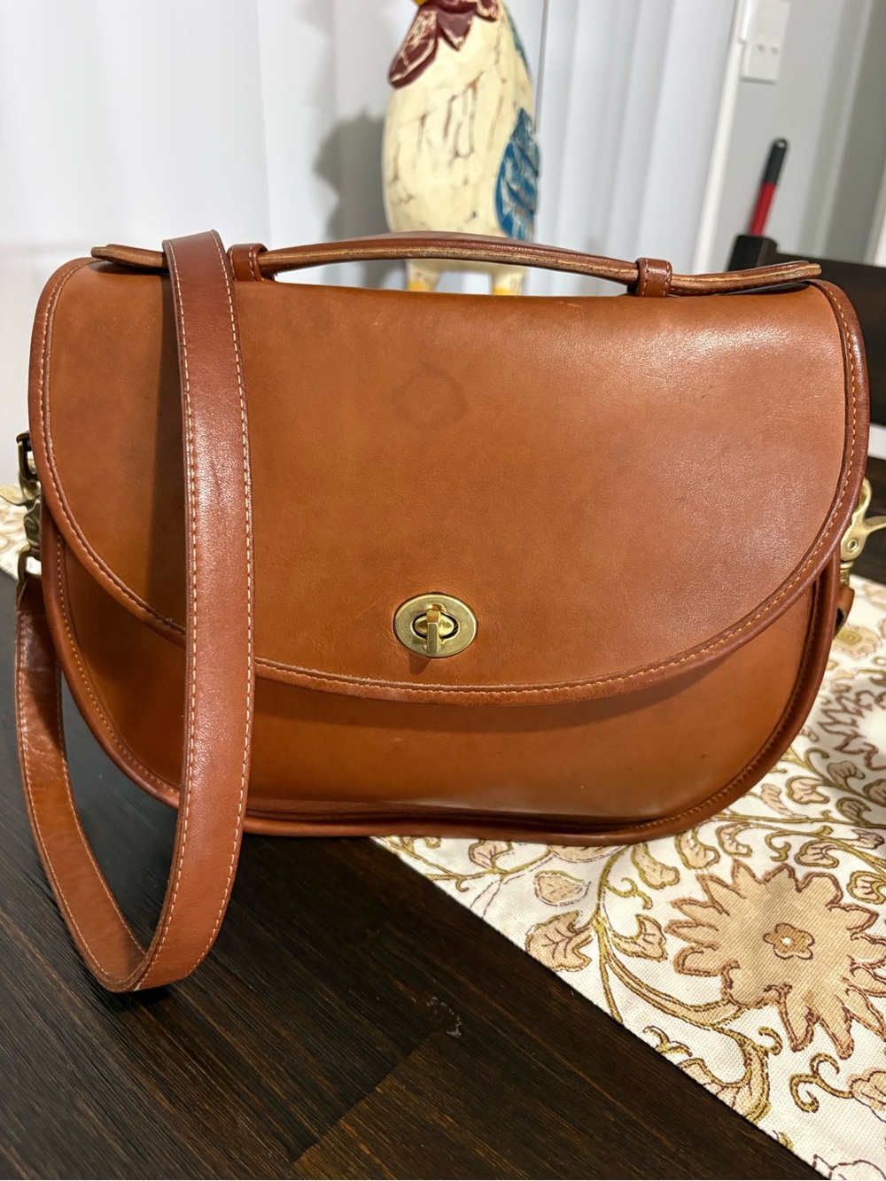 Rare Vintage Coach Leather Plaza Crossbody in British Tan with Gold Hardware